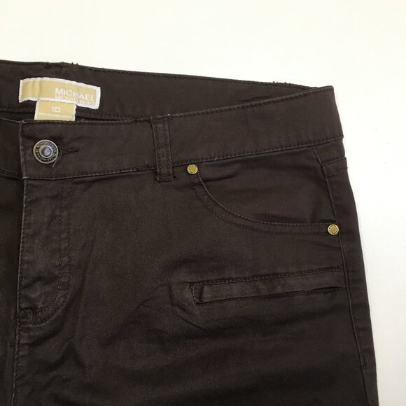 MICHAEL KORS Brown Faux Zip Pockets Logo Hardware 5 Pocket Jeans - Picture 5 of 14